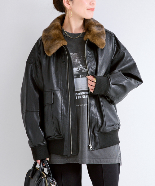B.C STOCK(ベーセーストック)の「TYPE:G1フェイクレザーアビエイターブルゾン(ブルゾン・レディース・ブラック/ブラウン・MEDIUM/SMALL)」の1枚目の写真