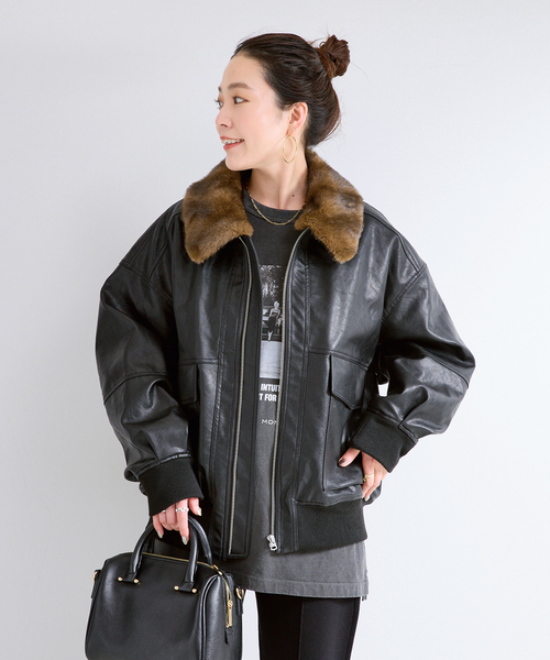 B.C STOCK(ベーセーストック)の「TYPE:G1フェイクレザーアビエイターブルゾン(ブルゾン・レディース・ブラック/ブラウン・MEDIUM/SMALL)」の6枚目の写真