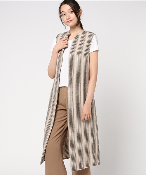 LBC（エルビーシー）の「リネンレーヨンロングジレ                    （ベスト・レディース・オフホワイト/ダークグリーン・MEDIUM/LARGE）」の2枚目の写真