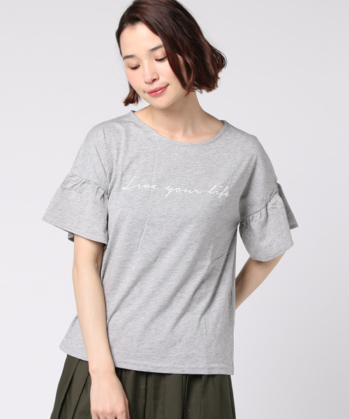 Honeys（ハニーズ）の「フレア袖Ｔシャツ（Tシャツ/カットソー・レディース・ホワイト×ブラック/オフホワイト/杢グレー/ネイビー/イエロー/レッド・M/L）」の3枚目の写真