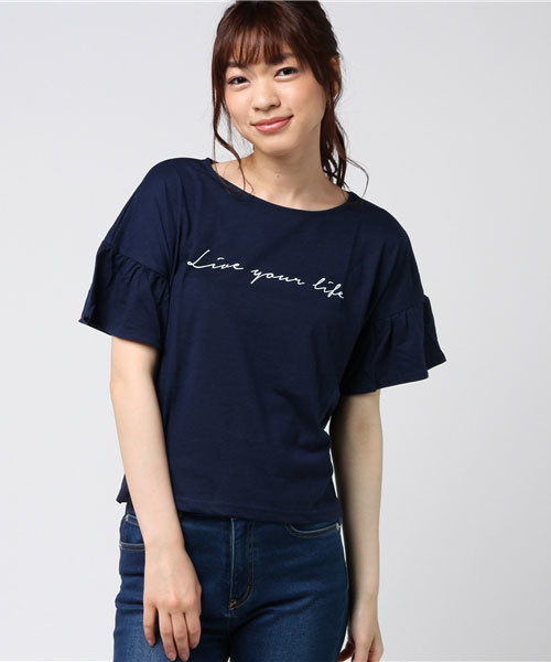 Honeys（ハニーズ）の「フレア袖Ｔシャツ（Tシャツ/カットソー・レディース・ホワイト×ブラック/オフホワイト/杢グレー/ネイビー/イエロー/レッド・M/L）」の4枚目の写真