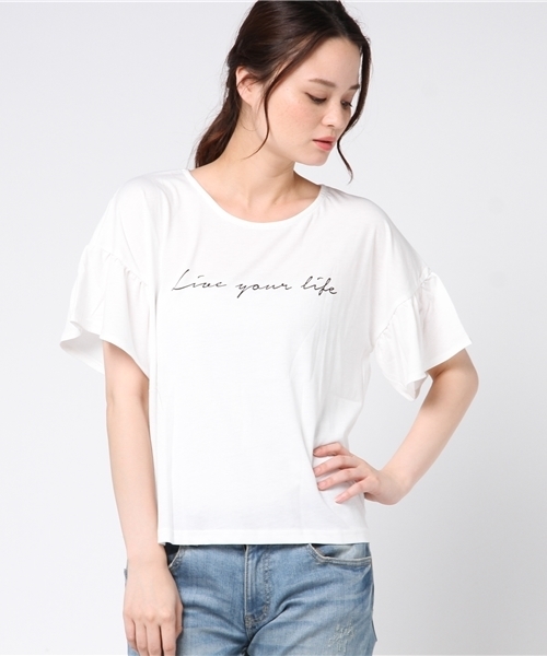 Honeys（ハニーズ）の「フレア袖Ｔシャツ（Tシャツ/カットソー・レディース・ホワイト×ブラック/オフホワイト/杢グレー/ネイビー/イエロー/レッド・M/L）」の2枚目の写真