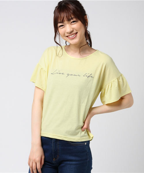 Honeys（ハニーズ）の「フレア袖Ｔシャツ（Tシャツ/カットソー・レディース・ホワイト×ブラック/オフホワイト/杢グレー/ネイビー/イエロー/レッド・M/L）」の5枚目の写真
