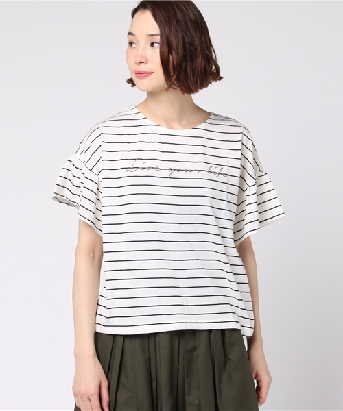 Honeys（ハニーズ）の「フレア袖Ｔシャツ（Tシャツ/カットソー・レディース・ホワイト×ブラック/オフホワイト/杢グレー/ネイビー/イエロー/レッド・M/L）」の7枚目の写真