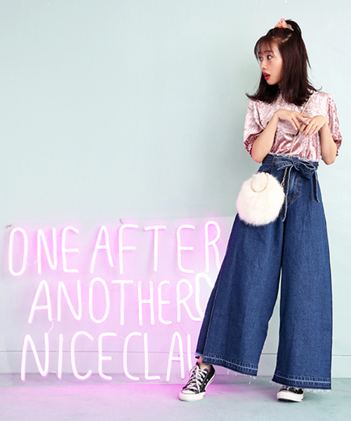 Drawer ドゥロワー デニムラップパンツ　リボンベルト　ワイドジーンズ セール】リボンベルト付きワイドパンツ（デニムパンツ）｜one after