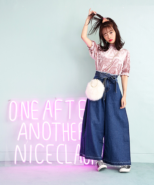 セール】リボンベルト付きワイドパンツ（デニムパンツ）｜one
