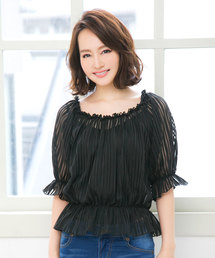 2Wayオフショルダーシースルーシャーリングブラウス