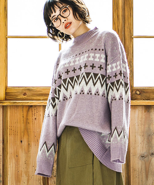 CAMBIO（カンビオ）の「rn1143-ノルディック柄ニット（ニット/セーター・レディース・ブラック/オフホワイト/ラベンダー/グレー・FREE）」の4枚目の写真