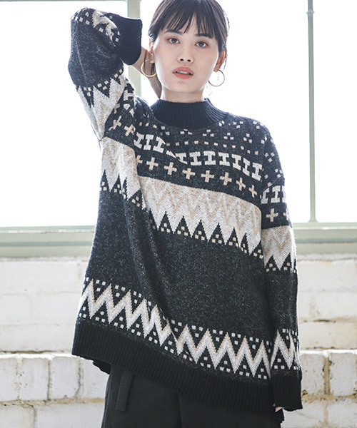 CAMBIO（カンビオ）の「rn1143-ノルディック柄ニット（ニット/セーター・レディース・ブラック/オフホワイト/ラベンダー/グレー・FREE）」の3枚目の写真