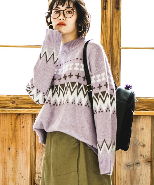 CAMBIO（カンビオ）の「rn1143-ノルディック柄ニット（ニット/セーター・レディース・ブラック/オフホワイト/ラベンダー/グレー・FREE）」の5枚目の写真