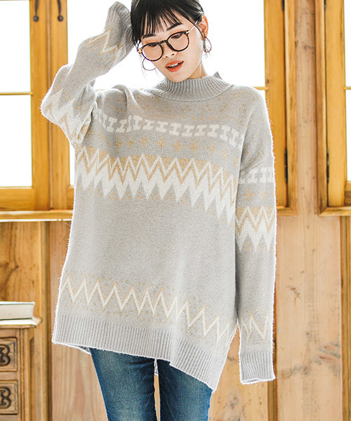 CAMBIO（カンビオ）の「rn1143-ノルディック柄ニット（ニット/セーター・レディース・ブラック/オフホワイト/ラベンダー/グレー・FREE）」の7枚目の写真