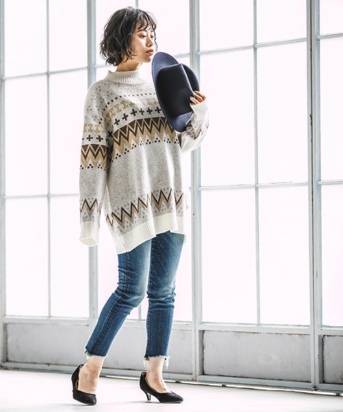 CAMBIO（カンビオ）の「rn1143-ノルディック柄ニット（ニット/セーター・レディース・ブラック/オフホワイト/ラベンダー/グレー・FREE）」の12枚目の写真