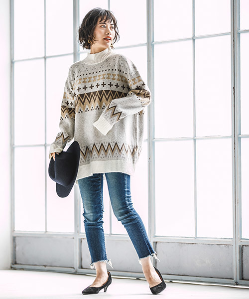 CAMBIO（カンビオ）の「rn1143-ノルディック柄ニット（ニット/セーター・レディース・ブラック/オフホワイト/ラベンダー/グレー・FREE）」の13枚目の写真