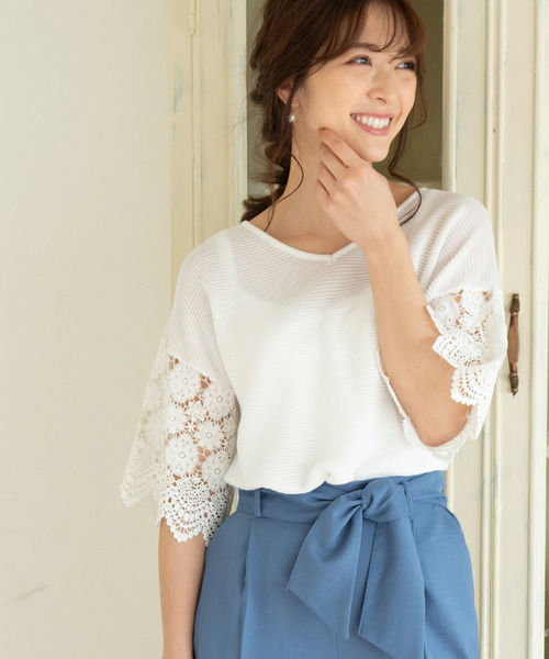 ViS(ビス)の「【前後2WAY】袖スカラップレースプルオーバー(Tシャツ/カットソー)」|ホワイト