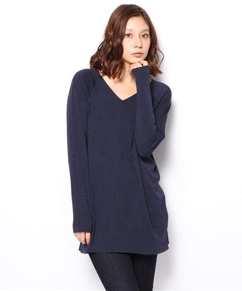 PLST(プラステ)の「フロントドレープVネックロングカットソー(Tシャツ/カットソー・レディース・ヘザーグレー/ネイビー/サーモンピンク・2)」の3枚目の写真
