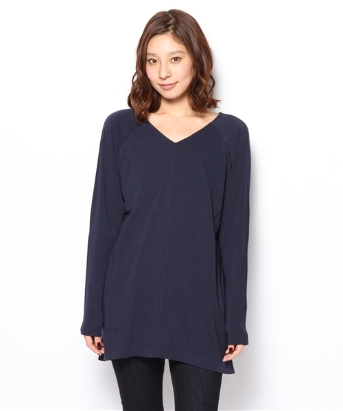PLST(プラステ)の「フロントドレープVネックロングカットソー(Tシャツ/カットソー・レディース・ヘザーグレー/ネイビー/サーモンピンク・2)」の4枚目の写真