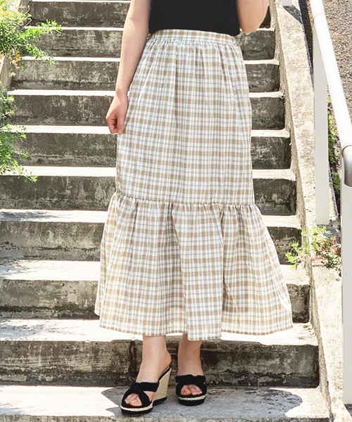 STYLEBLOCK（スタイルブロック）の「先染めチェックティアードマキシスカート（スカート・レディース・ネイビー/ベージュ/ホワイト・M）」の2枚目の写真