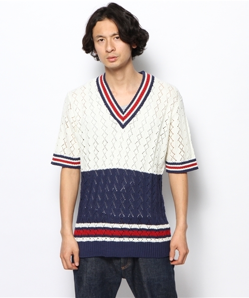 WEGO(ウィゴー)の「WEGO/透かしチルデン5分袖セーター(ニット/セーター・メンズ・ホワイト/ブルー・LARGE/MEDIUM)」の3枚目の写真