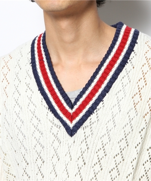 WEGO(ウィゴー)の「WEGO/透かしチルデン5分袖セーター(ニット/セーター・メンズ・ホワイト/ブルー・LARGE/MEDIUM)」の6枚目の写真