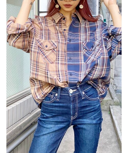 GYDA（ジェイダ）の「コンビチェックシャツ（シャツ/ブラウス・レディース・ボルドー/ブルー・FREE）」の2枚目の写真