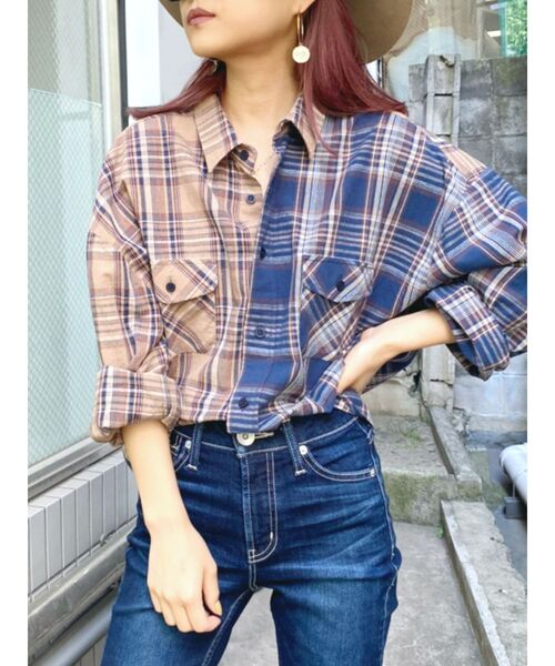 GYDA（ジェイダ）の「コンビチェックシャツ（シャツ/ブラウス・レディース・ボルドー/ブルー・FREE）」の8枚目の写真