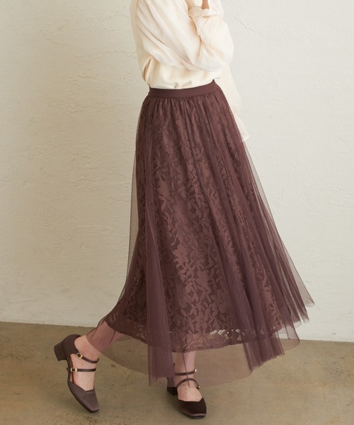 natural couture（ナチュラルクチュール）の「レース×チュールレディスカート（スカート・レディース・ブラック/アイボリー/ブラウン/ピンク・FREE）」の3枚目の写真