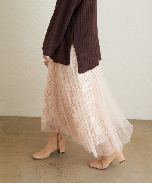 natural couture（ナチュラルクチュール）の「レース×チュールレディスカート（スカート・レディース・ブラック/アイボリー/ブラウン/ピンク・FREE）」の2枚目の写真