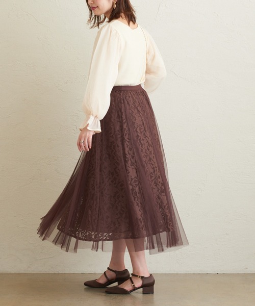 natural couture（ナチュラルクチュール）の「レース×チュールレディスカート（スカート・レディース・ブラック/アイボリー/ブラウン/ピンク・FREE）」の12枚目の写真