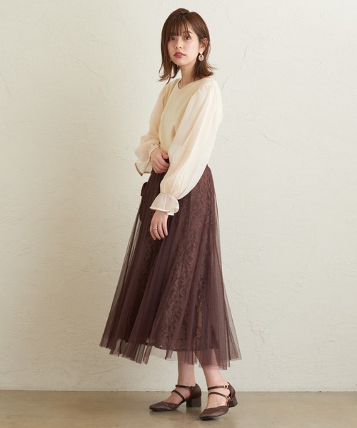 natural couture（ナチュラルクチュール）の「レース×チュールレディスカート（スカート・レディース・ブラック/アイボリー/ブラウン/ピンク・FREE）」の13枚目の写真