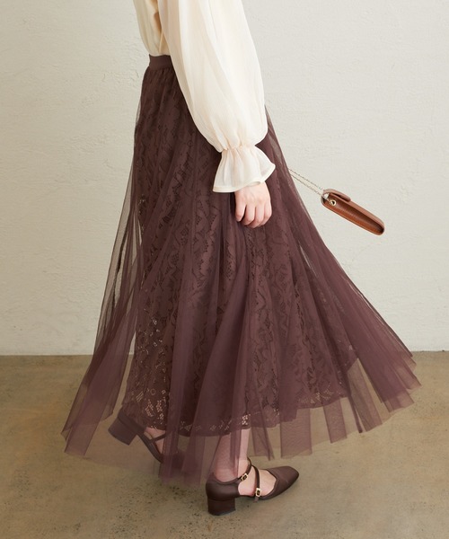 natural couture（ナチュラルクチュール）の「レース×チュールレディスカート（スカート・レディース・ブラック/アイボリー/ブラウン/ピンク・FREE）」の11枚目の写真