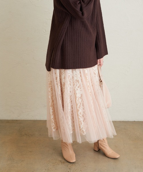 natural couture（ナチュラルクチュール）の「レース×チュールレディスカート（スカート・レディース・ブラック/アイボリー/ブラウン/ピンク・FREE）」の5枚目の写真