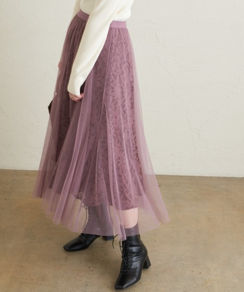 natural couture（ナチュラルクチュール）の「レース×チュールレディスカート（スカート・レディース・ブラック/アイボリー/ブラウン/ピンク・FREE）」の15枚目の写真