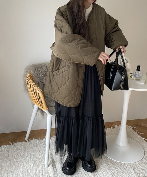 andme(アンドミー)の「オーバーサイズノーカラーキルティングジャケット(ノーカラージャケット・レディース・ブラック/カーキ/ブラウン系その他/アイボリー/グレイッシュベージュ/ライトカーキ・M/L/S)」の17枚目の写真