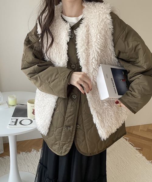 andme(アンドミー)の「オーバーサイズノーカラーキルティングジャケット(ノーカラージャケット・レディース・ブラック/カーキ/ブラウン系その他/アイボリー/グレイッシュベージュ/ライトカーキ・M/L/S)」の16枚目の写真