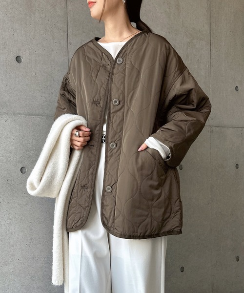 セール】オーバーサイズノーカラーキルティングジャケット（ノーカラー