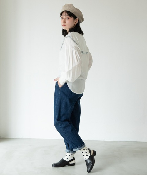 MERLOT（メルロー）の「ヘビーツイル＆デニムテーパードパンツ（デニムパンツ・レディース・ネイビー/ナチュラル・FREE）」の4枚目の写真