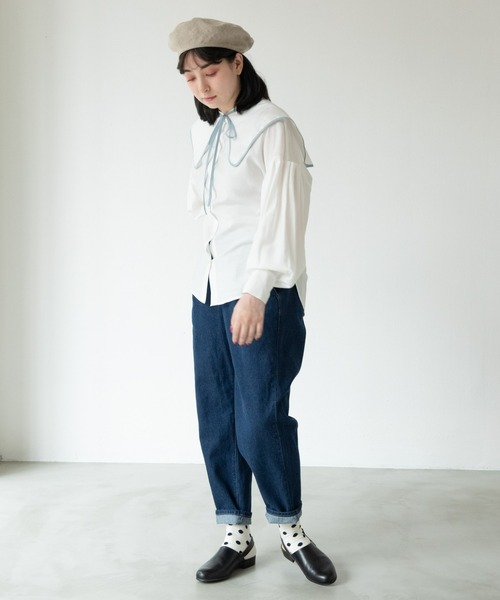 MERLOT（メルロー）の「ヘビーツイル＆デニムテーパードパンツ（デニムパンツ・レディース・ネイビー/ナチュラル・FREE）」の5枚目の写真