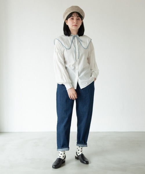 MERLOT（メルロー）の「ヘビーツイル＆デニムテーパードパンツ（デニムパンツ・レディース・ネイビー/ナチュラル・FREE）」の3枚目の写真