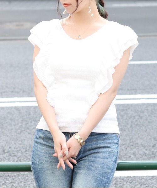 ARCANUM DESIGN（アルカナムデザイン）の「ARL V-NECKダブルフリルトップス（Tシャツ/カットソー・レディース・ホワイト/ブラック/グレー・FREE）」の17枚目の写真