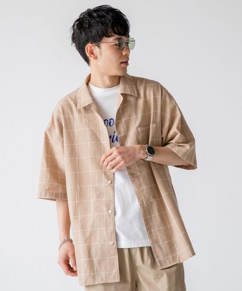 coen（コーエン）の「ヨクバリネン・チェックショートスリーブシャツ（シャツ/ブラウス・メンズ・ライトグレー/ベージュ・LARGE/MEDIUM/X-LARGE/SMALL）」の2枚目の写真