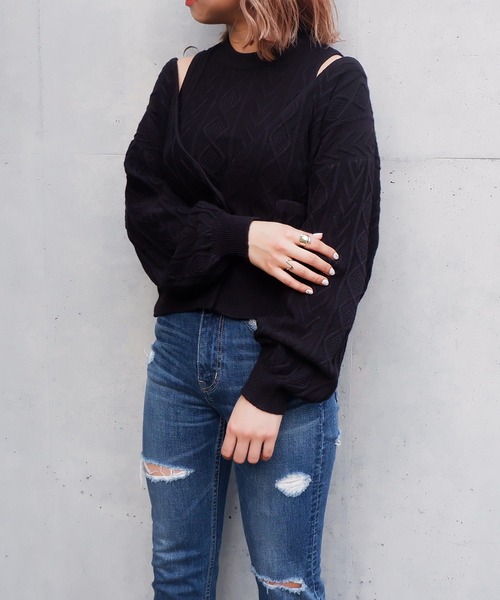 SPIRALGIRL（スパイラルガール）の「ケーブルニットスリーピースセットアップ（ワンピース・レディース・ブラック/グリーン/モカ・FREE）」の15枚目の写真