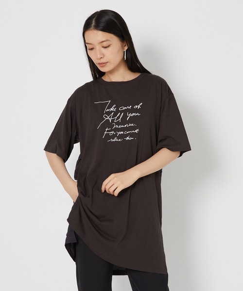shop DADA(ショップダダ)の「ロゴ入りチュニックT(1S15-350109)(Tシャツ/カットソー・レディース・ホワイト/チャコールグレー/ブルー系・FREE)」の2枚目の写真