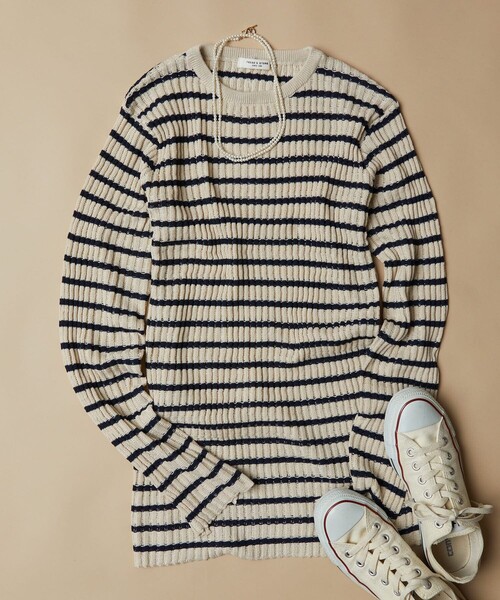 FREAK'S STORE（フリークスストア）の「▽【WEB限定】タックリブクルーネックプルオーバー(無地/ボーダー)（ニット/セーター・レディース・ナチュラル/ブラック/ブラウン/マスタード/ブルー/ブラック×ベージュ/ブラック×ホワイト/ネイビー/その他1/ベージュ/ネイビー×ホワイト/レモンイエロー/ブルーグリーン・ﾌﾘ-）」の8枚目の写真