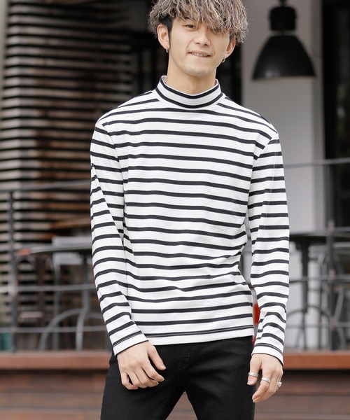 Beno(ビーノ)の「マイクロスムース ボーダーセミハイネック カットソー(Tシャツ/カットソー・メンズ・ホワイト×ブラック/ブラック×ホワイト・M/LL/L)」の1枚目の写真