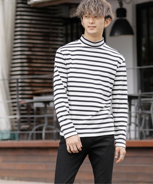 Beno(ビーノ)の「マイクロスムース ボーダーセミハイネック カットソー(Tシャツ/カットソー・メンズ・ホワイト×ブラック/ブラック×ホワイト・M/LL/L)」の6枚目の写真