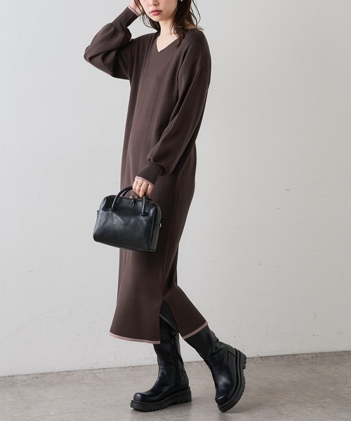 natural couture（ナチュラルクチュール）の「前後2WAYプチプラ配色ニットワンピース（ワンピース・レディース・ブラック/ブラウン/ミント/ピンクベージュ/ボルドー・FREE）」の2枚目の写真