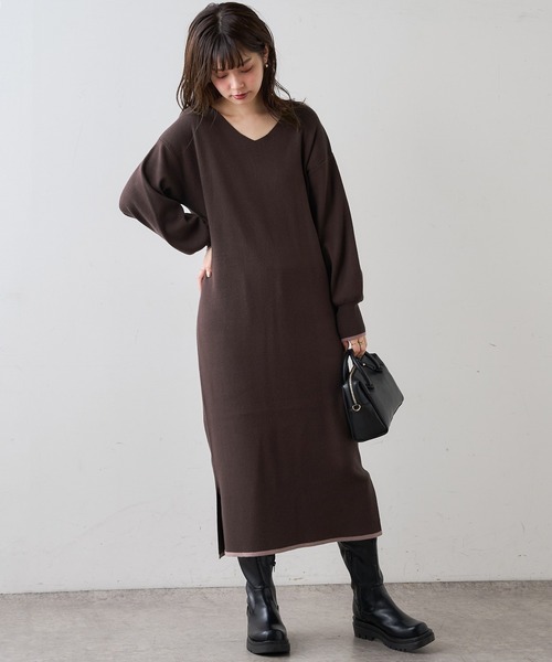 natural couture（ナチュラルクチュール）の「前後2WAYプチプラ配色ニットワンピース（ワンピース・レディース・ブラック/ブラウン/ミント/ピンクベージュ/ボルドー・FREE）」の13枚目の写真