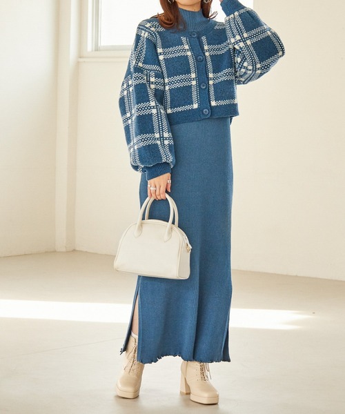 Heather(ヘザー)の「チェックカーデレイヤードニットワンピース 261441(ワンピース・レディース・ブラック/グリーン/オレンジ/ブルー/ブラウン・FREE)」の4枚目の写真