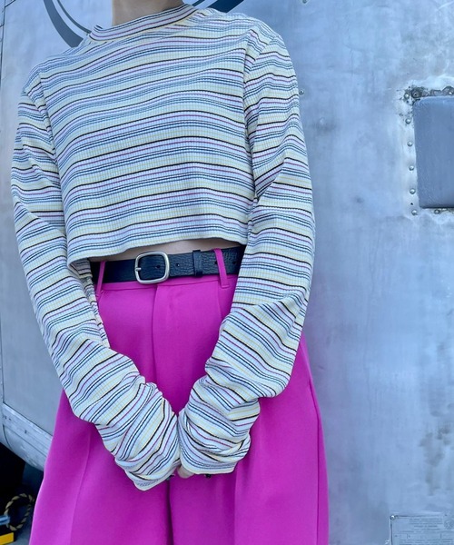 PBLIM（ページボーイリム）の「【PAGEBOYLIM】ショートマルチボーダー（Tシャツ/カットソー・レディース・ホワイト系その他/ブラウン系その他/グリーン系その他・FREE）」の2枚目の写真