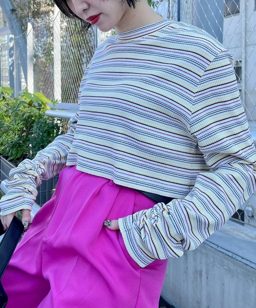 PBLIM（ページボーイリム）の「【PAGEBOYLIM】ショートマルチボーダー（Tシャツ/カットソー・レディース・ホワイト系その他/ブラウン系その他/グリーン系その他・FREE）」の5枚目の写真